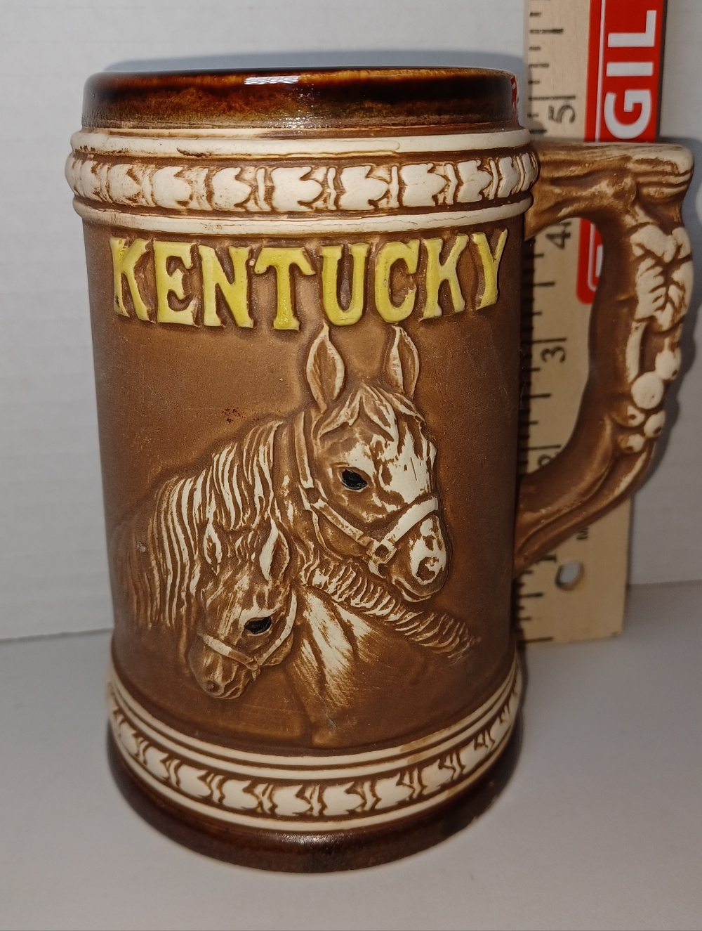 Vtg Souvenir Kentucky Glazed Ceramic Horse High Relief Beer Stein With Cardinal